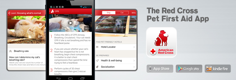 Banner van “The Red Cross Pet First Aid App”: telefoonschermen met uitleg over de ademhaling van een kat, reanimatie-instructies voor katten en een zoekfunctie voor huisdiervriendelijke hotels, naast een app-icoon met een rode hond en kat.