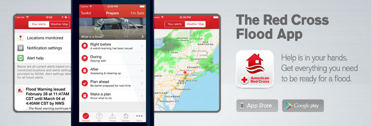Banner van “The Red Cross Flood App” met de tekst “Help is in your hands. Get everything you need to be ready for a flood.”: drie telefoonschermen met overstromingswaarschuwingen, voorbereidingstips en een neerslagkaart van de Amerikaanse oostkust.
