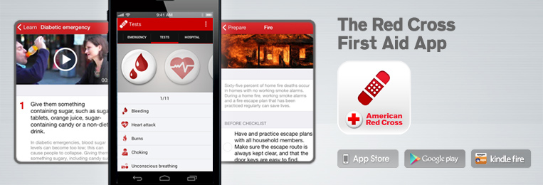 Banner van “The Red Cross First Aid App” van het Amerikaanse Rode Kruis: drie telefoonschermen met eerstehulpinstructies, onder meer bij een diabetische noodsituatie en een woningbrand, naast het app-icoon met een pleister en knoppen voor App Store, Google Play en Kindle Fire.