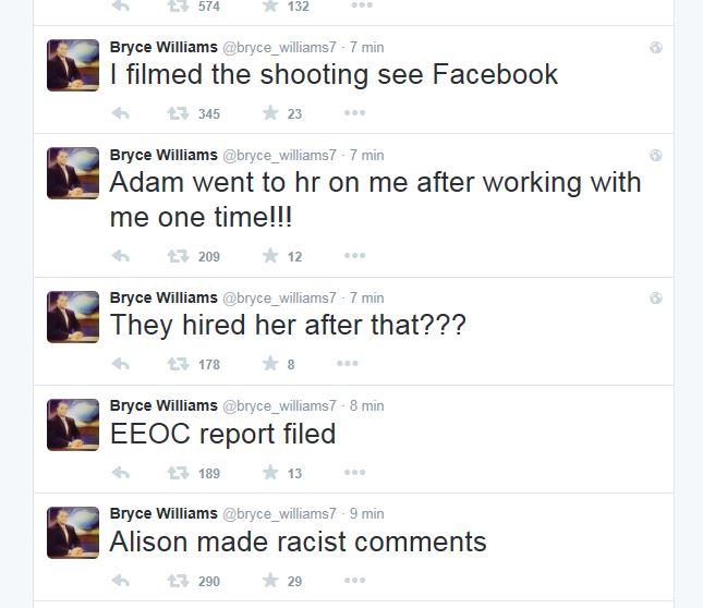 Schermafbeelding van een reeks tweets van het account Bryce Williams, onder meer “I filmed the shooting see Facebook”.