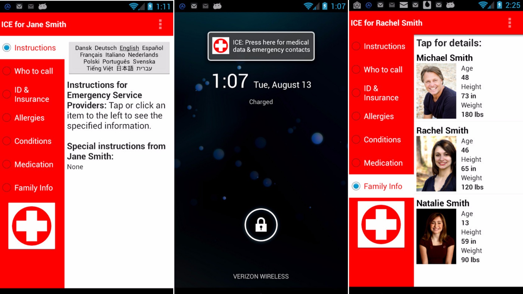 Drie schermafbeeldingen van een Android-ICE-app: een rood menu met instructies, contactpersonen, allergieën en medicijnen, een vergrendelscherm met de knop voor medische gegevens en noodcontacten, en een overzicht van gezinsleden met foto.