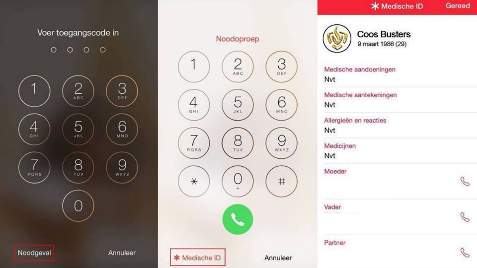 Drie iPhone-schermen: het toegangscodescherm met de knop Noodgeval, het noodoproepscherm met de knop Medische ID, en een voorbeeld van een medische ID met aandoeningen, allergieën, medicijnen en contacten als moeder, vader en partner.