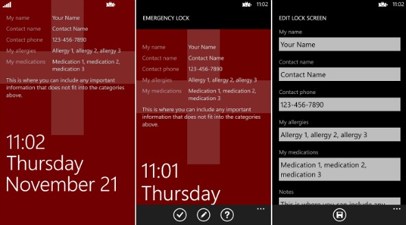 Drie schermen van de Windows Phone-app Emergency Lock: een rood vergrendelscherm met naam, contactpersoon, telefoonnummer, allergieën en medicijnen, en het scherm om die gegevens in te vullen.