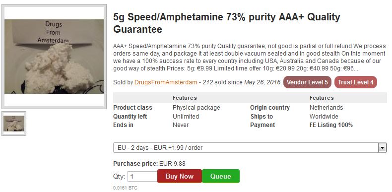 Schermafbeelding van een advertentie op een zwarte markt op het dark web voor 5 gram speed van de verkoper DrugsFromAmsterdam, met een foto van wit poeder, verkopersniveaus, verzending wereldwijd en een knop “Buy Now”.