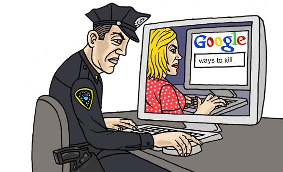 Spotprent van een politieagent die achter een computer meekijkt met een vrouw die op haar eigen scherm “ways to kill” in Google intypt.
