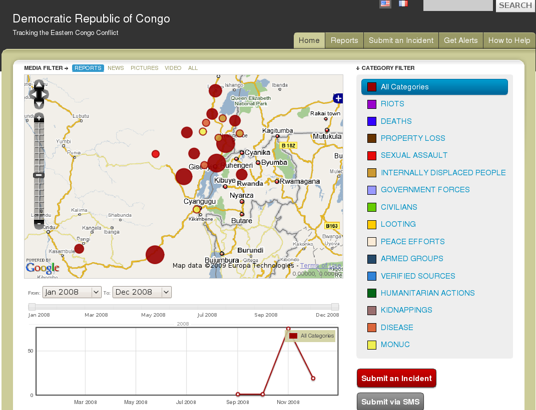 Ushahidi-site “Democratic Republic of Congo: Tracking the Eastern Congo Conflict” met een kaart vol rode stippen voor meldingen, een lijst met categorieën en een tijdlijn over 2008.