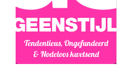 Logo van GeenStijl in witte letters op een roze achtergrond, met de slogan “Tendentieus, Ongefundeerd & Nodeloos kwetsend”.