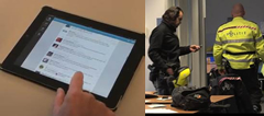 Twee foto’s naast elkaar: een hand die over een tablet met een berichtenoverzicht veegt en twee agenten in een politiebureau.