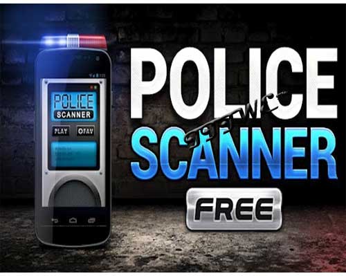 Promotiebeeld van de app Police Scanner Free: een smartphone met de scanner-app en een zwaailicht, naast de grote tekst “Police Scanner Free”.