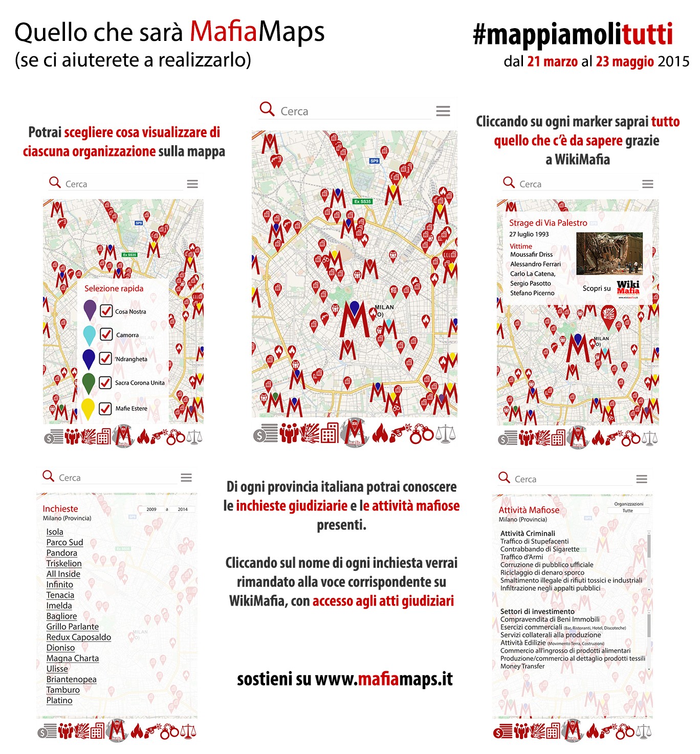 Infographic met ontwerpschermen van MafiaMaps: een kaart van Milaan vol rode M-markeringen, een filter op organisaties als Cosa Nostra, Camorra en ’Ndrangheta, een lijst met onderzoeken en een overzicht van maffiactiviteiten.