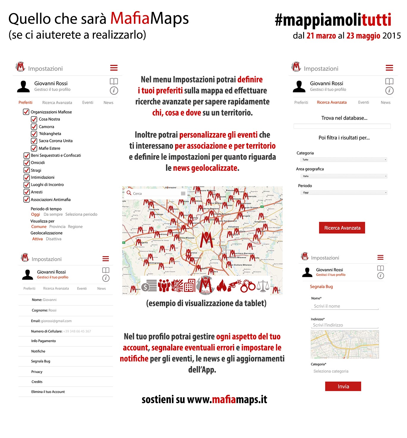 Infographic met de instellingenschermen van de geplande MafiaMaps-app, met voorkeuren per organisatie en thema, uitgebreid zoeken, een profielpagina en een formulier om fouten te melden, plus een kaartvoorbeeld op een tablet.